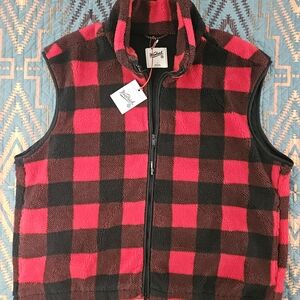 Woolrich Red and Black Plaid Fleece Vest